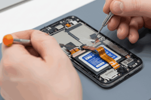 Serwisant precyzyjnie naprawia ekran w Sulejówku, używając precyzyjnych narzędzi w czystym środowisku studyjnym